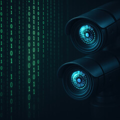 Poster - Surveillance Cameras with Digital Binary Code in Dark Background for Technology Concept