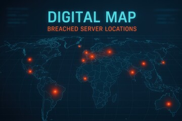 Poster - Digital Map Displaying Breached Server Locations Across the Globe in High-Tech Style