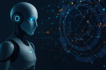 Poster - Futuristic humanoid robot with glowing blue eyes analyzing data in dark technology environment