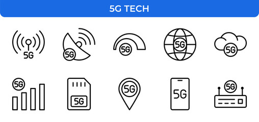 Poster - 5G Technology Line Editable Icons set. Vector illustration in modern thin line style of network and communication related icons: signal, satellite, SIM card, smartphone, router, cloud, and more.