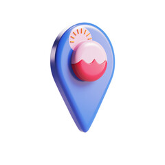 Fototapete - A stylized blue map pin with a pink and red ice cream cone and a sun icon on a black background on transparent background