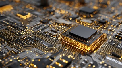 Poster - Close-up View of a High-Tech Circuit Board with Microchips and Printed Circuitry in a Dark Setting Ideal for Technology and Innovation Themes