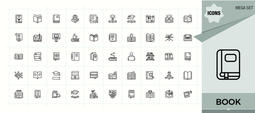 Book line icon set. Modern vector illustration. Related to digital, study, dictionary, art, school, author. Editable vector. Pixel perfect. Learning icon collection.