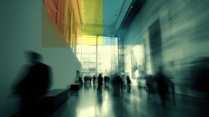 Poster - Modern art museum interior with blurred figures and colorful light reflections creating a vibrant atmosphere of creativity and exploration in urban setting