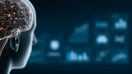 Poster - intelligent brain: an artistic portrayal of the human brain, interwoven with circuits and data strea
