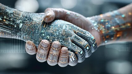 Poster - Human-AI Collaboration: A human hand and a robotic hand shake, symbolizing partnership, progress and the future of technology.