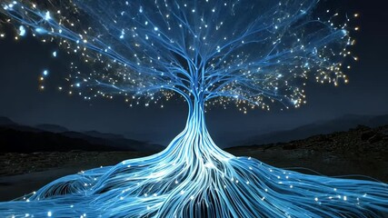 Poster - Abstract digital tree: a glowing, artistic representation of a tree with interconnected branches and roots, a metaphor for networks and knowledge.
