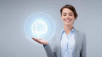 Poster - Brainwave Connection: A woman holds a glowing brain illustration, embodying intellect and innovative thinking. The image merges technology and human potential.