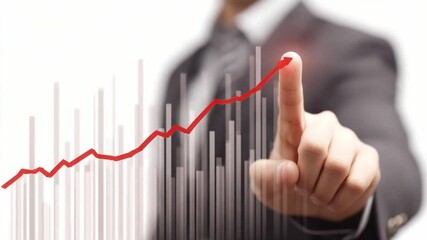 Poster - Ascension: A focused business professional, in sharp attire, points toward a climbing red line graph, embodying the spirit of growth, strategy, and market progress.