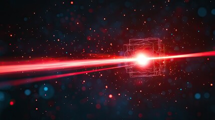 Poster - A red laser beam piercing through a wireframe cube in a dark space filled with small red and blue dots