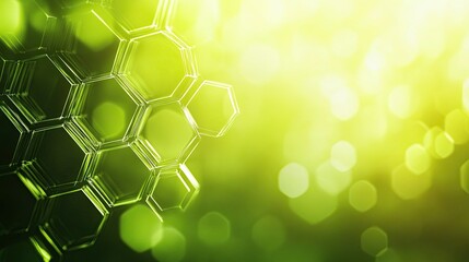 Poster - Abstract green background with hexagonal shapes and blurred bokeh lights creating a soft effect