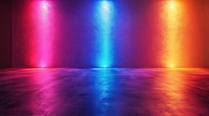 Leinwandbilder - Three colored spotlights shining on a wall with reflections on the floor in an empty room
