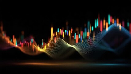 Poster - Digital Data Stream: Dynamic digital representation of financial data streams, with multicolored lights forming graphs. Perfect for illustrating business, technology, and financial concepts.