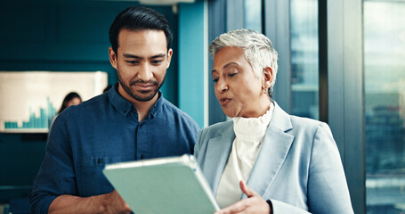 Poster - Talking, charts or business people on tablet in meeting for research, forecasting or accounting data. Financial growth, finance analysts or news update for budget report, economy or review investment