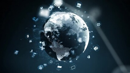 Poster - Global Connectivity: A stylized image of the Earth surrounded by a cloud of abstract digital icons symbolizing global interconnectedness and the power of communication.