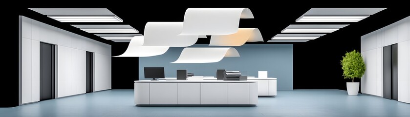 Poster - Holographic projections of bankruptcy documents hover above a sleek, digital workspace, casting a blue glow. The scene captures the essence of a financial crisis in a high-tech world, with plenty of