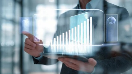 Poster - Strategic Vision: A modern business professional interacting with a digital interface, symbolizing data-driven insights and strategic planning. Representing innovation and business growth.