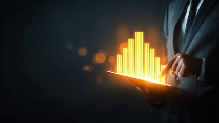 Poster - Business Analytics: A silhouette of a person in a formal business suit, the individual is analyzing a luminous graph data presented on a digital tablet.