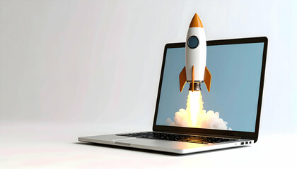 Poster - White Rocket Launching From Laptop Screen, Blue Background Digital Illustration