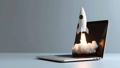 Poster - White Rocket Launching from Laptop Screen, Blue Background Digital Illustration