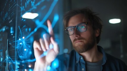 Poster - Tech Visionary: A focused individual in spectacles, interacts with a transparent, data-rich interface, symbolizing technological innovation, data analysis and futuristic concepts.