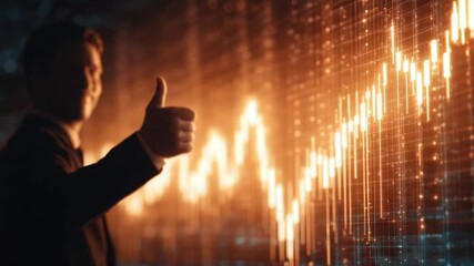 Poster - Success Story:  A  businessman  gives a thumbs up in front of an upward stock market chart with the glow of an orange hue. The chart symbolizes success, growth, and upward trend.
