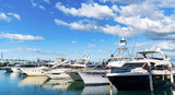 Luxury lifestyle. Motorboat at sea. Summer vacation. Luxury marina. Motorboat yacht sailing at sea. Yachting boat tourism. Motorboat sea marina. Luxury yacht marina. Boats in the harbor