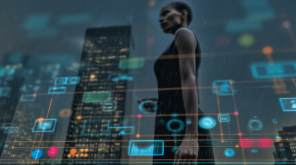 Poster - Woman and futuristic city: A confident woman strides through a futuristic cityscape, overlaid with dynamic digital interfaces symbolizing technological advancement and connection.
