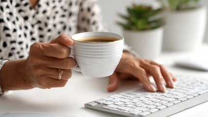 Poster - Coffee Break Productivity: A close-up shot of a person's hands holding a cup of coffee while typing on a keyboard, symbolizing the blend of work and relaxation.