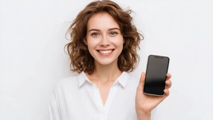 Poster - Smiling Woman Holding Smartphone: A radiant young woman with a warm smile, casually holds up a sleek smartphone. Ideal for showcasing new technology or illustrating modern communication.