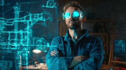 Poster - Future Vision: A determined individual stands confidently, with an overlaid holographic blueprint, projecting a sense of innovation and progress, underscored by cutting-edge technology.