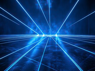 Poster - abstract background with a dark floor and glowing blue light, rays of white laser lights in the blac