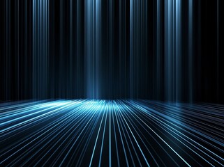 Poster - abstract dark background with glowing blue light and long white rays on a black floor, an empty scen