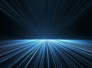 Poster - abstract dark background with glowing blue light and long white rays on a black floor, an empty scen