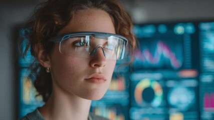 Poster - Tech Visionary: A young woman in futuristic glasses gazes intently at a display of complex data, epitomizing innovation and the future of technology.