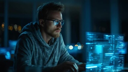Poster - Digital Explorer at Work: A focused individual wearing eyeglasses, engrossed in coding or data analysis on a futuristic computer interface, set against the backdrop of a sleek, modern urban setting.