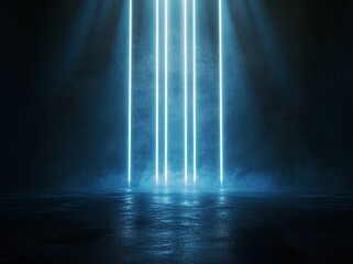 Poster - abstract dark background with glowing blue light and long white rays on a black floor, an empty scen