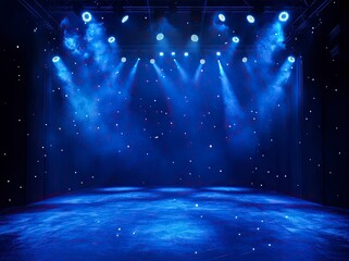 Poster - Abstract dark background with glowing lines and lights, a modern, minimal design for a studio room or dance floor. Digital rendering of geometric shapes. A dark scene illuminated by blue light from