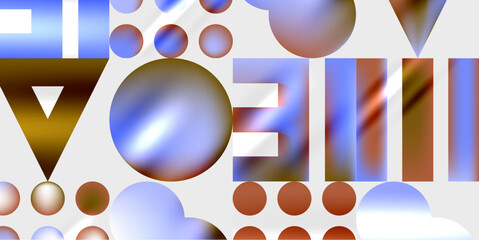 Fototapete - Abstract composition featuring geometric shapes, circles, triangles, rectangles. Soft gradients, blue, brown hues dominate design. Minimalist aesthetic.