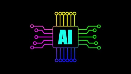 Poster - Futuristic illustration of artificial intelligence concept featuring a glowing neon circuit board and the letters ai on a stark black background.