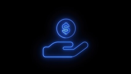 Poster - Neon illustration of hand accepting a dollar symbol coin representing finance investment and financial growth on a black background