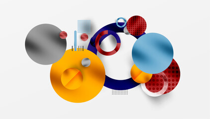Leinwandbilder - Abstract composition featuring overlapping circles, lines, dots. Bright colors create dynamic visual experience. Modern design elements present.