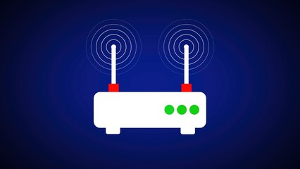Poster - Modern white wireless router design with dual antennas depicting wi-fi signal transmission on a deep blue background for technological illustration
