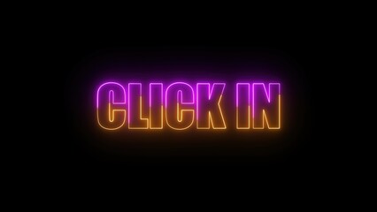Poster - Click in neon sign with glowing purple and yellow colors displayed against a black background, sign for technology promotion and social media call to action.
