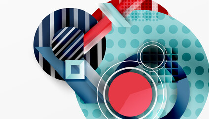 Fototapete - Abstract geometric composition. Circles, squares, stripes intersect. Blue, red, turquoise dominate design. Modern, vibrant aesthetic.