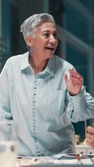 Aufkleber - Mature woman, meeting and discussion for business at night, design project management and team talking strategy. Communication, explain and interior designer with deadline, collaboration or file