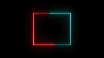 Poster - Geometric neon square glowing with red and teal light on a black background, perfect for modern designs and futuristic concepts.