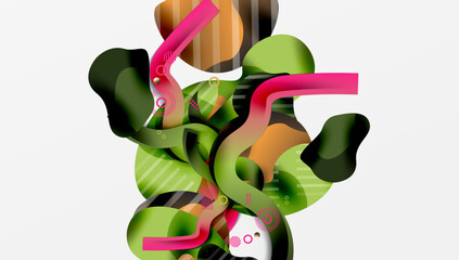 Poster - Abstract composition. Overlapping shapes, vibrant colors, dynamic forms create modern visual experience. Green, pink, orange dominate.