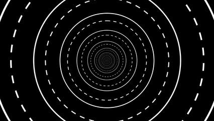 Poster - Concentric white road markings create an abstract tunnel effect on a black background symbolizing perspective motion travel and modern designs