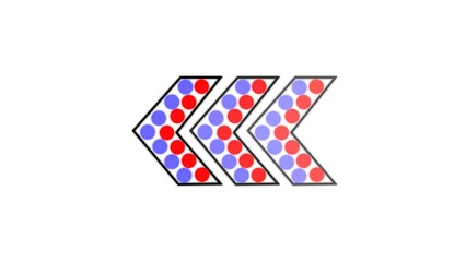 Poster - Abstract arrow composed of red and blue circles pointing leftward in three distinct units on a plain white background